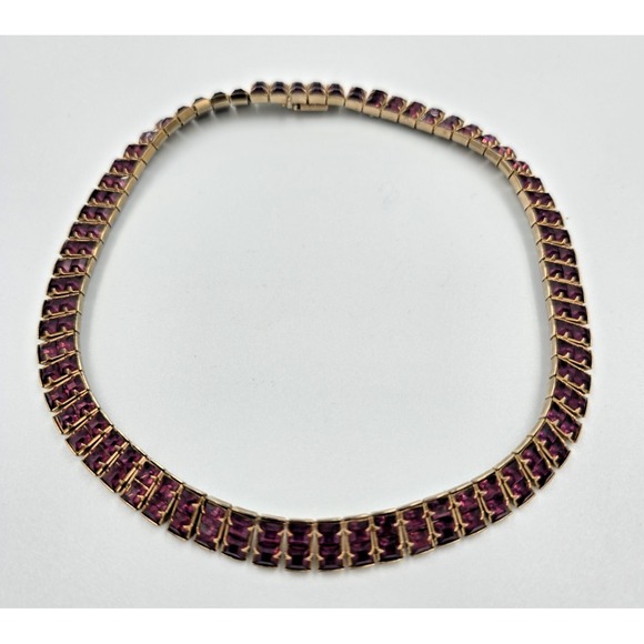 Vintage Weiss Purple Choker Necklace 1950s Rhinestone Signed 14" Gold tone - Picture 3 of 13